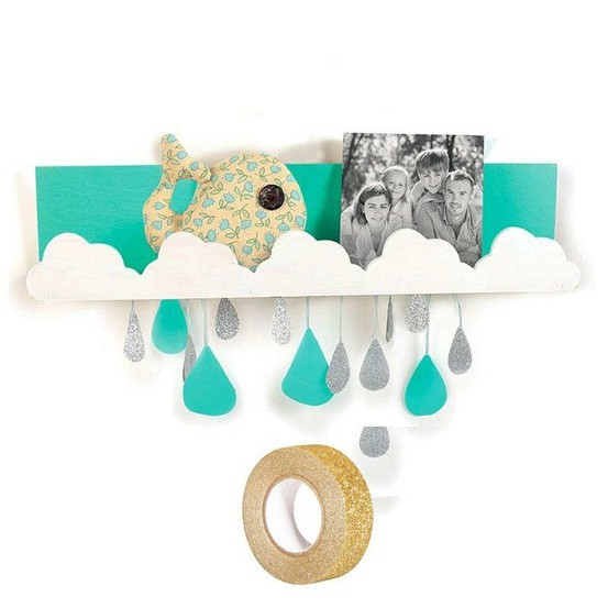 Etagère murale bois 42 x 9 cm nuages + masking tape doré à paillettes 5 m