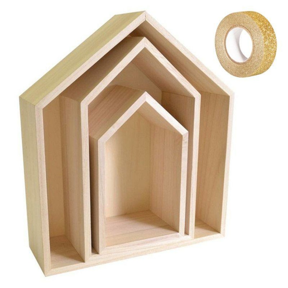 3 étagères maison bois + masking tape doré à paillettes 5 m