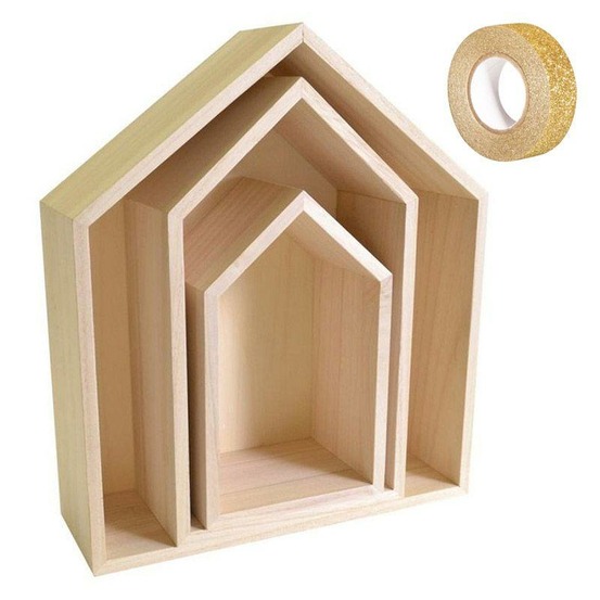 3 étagères maison bois + masking tape doré à paillettes 5 m