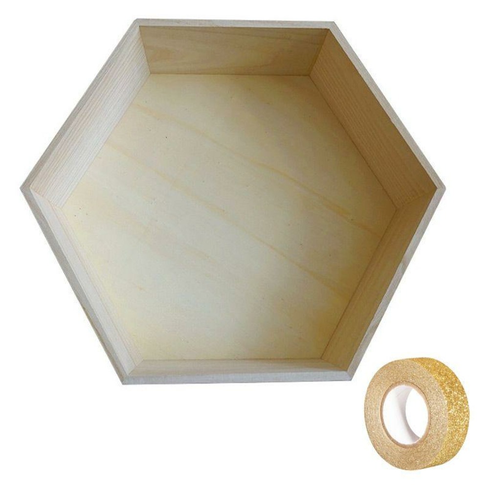 Etagère hexagonale bois 30 x 26 x 10 cm + masking tape doré à paillettes 5 m