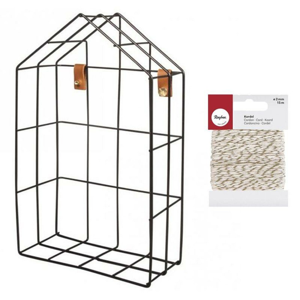 Etagère noire en fil de fer maison 16 x 25 cm + ficelle dorée & blanche