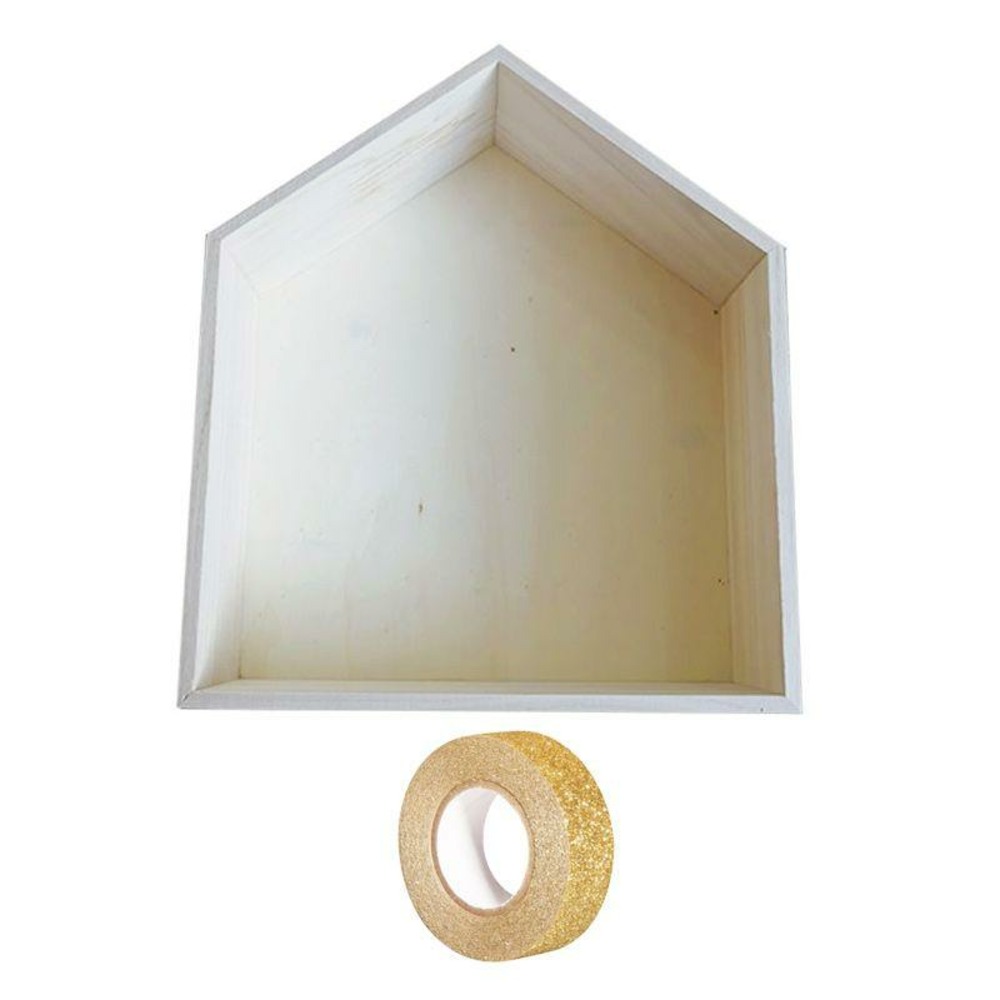 Etagère bois maison 35 x 30 x 10 cm + masking tape doré à paillettes 5 m