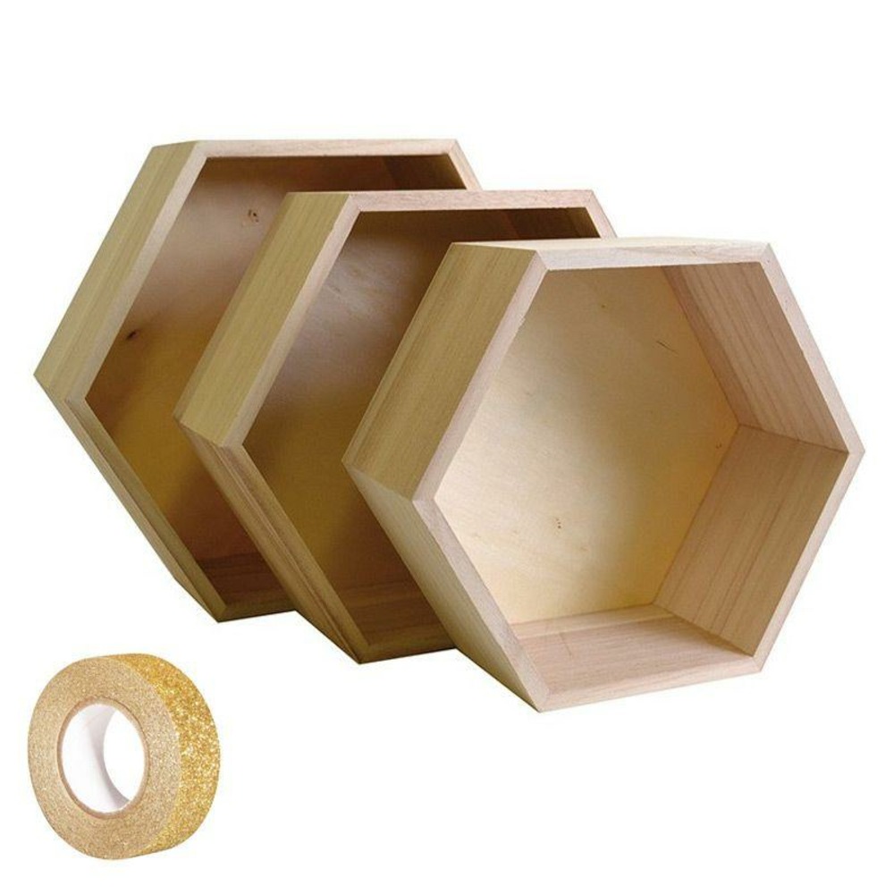 3 étagères hexagone bois + masking tape doré à paillettes 5 m