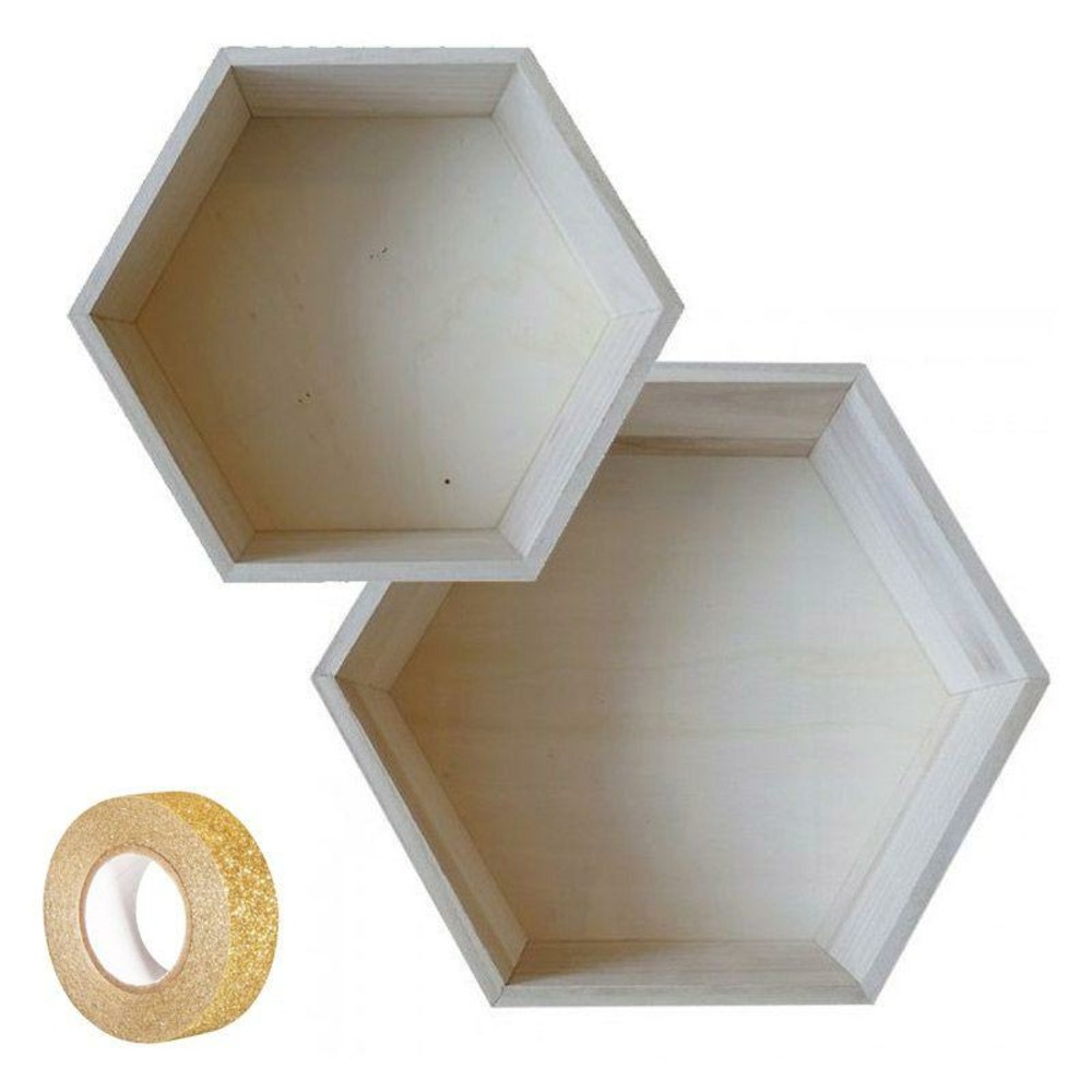 2 étagères hexagonales bois 27 x 23,5 cm et 30 x 26,5 cm + masking tape doré à paillettes 5 m