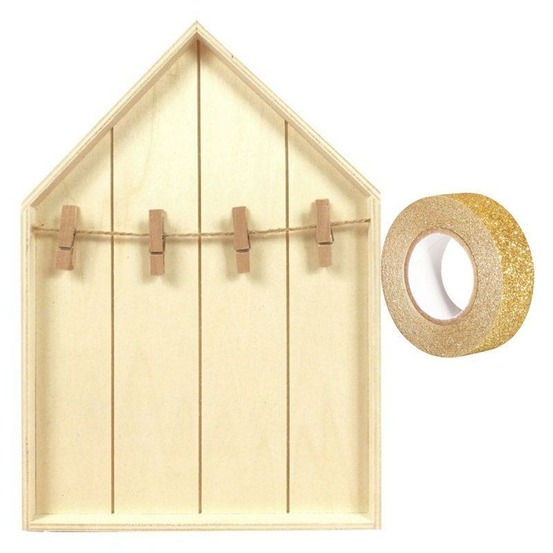 Etagère maison bois avec pinces à linge 19 x 28 cm + masking tape doré à paillettes 5 m