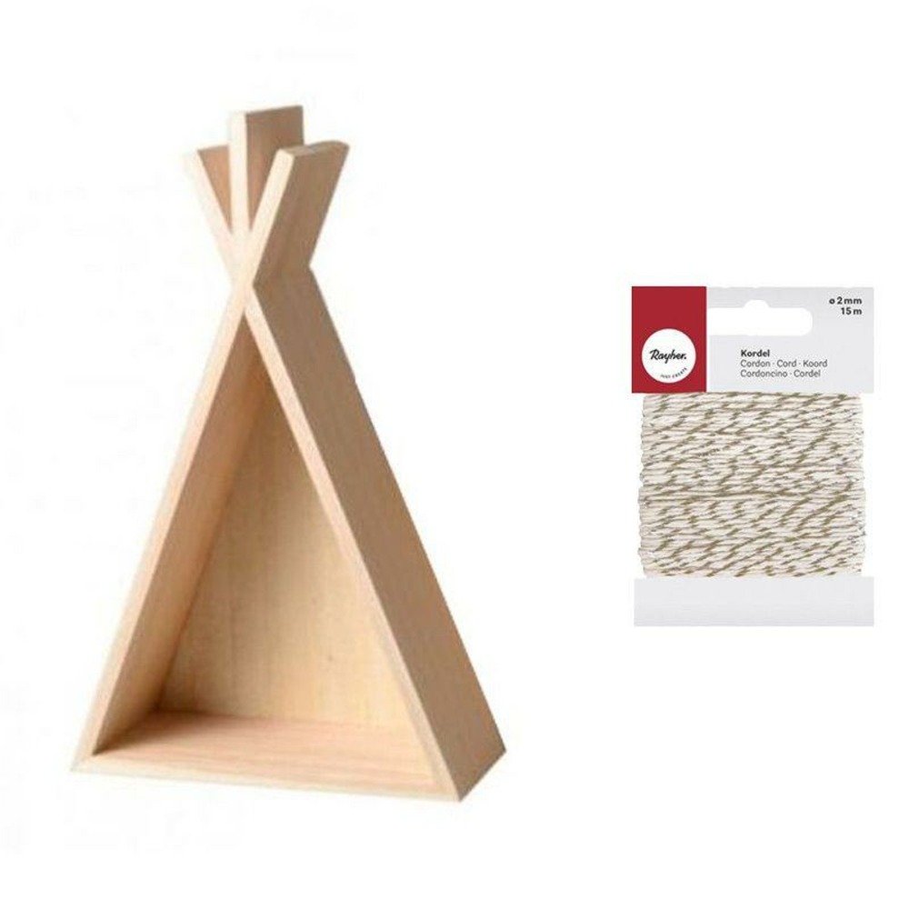 Petite étagère tipi en bois 26 cm + ficelle dorée & blanche 15 m
