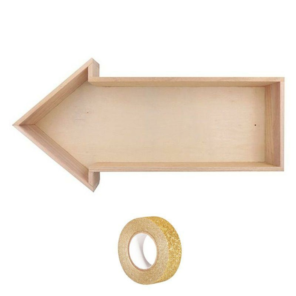 Etagère bois flèche 40 x 20 x 7 cm + masking tape doré à paillettes 5 m