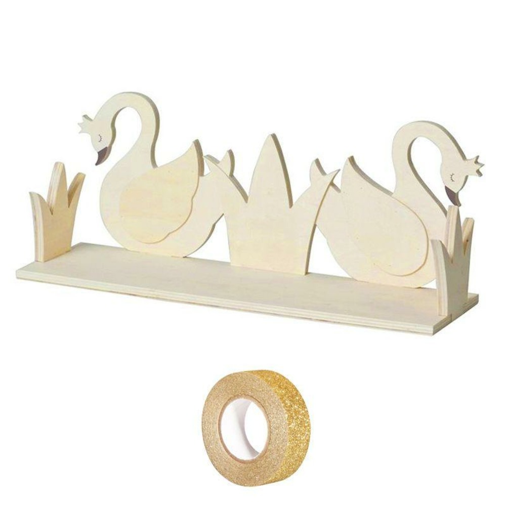 Etagère bois 2 cygnes 40 x 16 cm + masking tape doré à paillettes 5 m