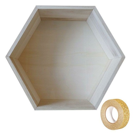 Etagère hexagone bois 30 x 26,5 x 10 cm + masking tape doré à paillettes 5 m