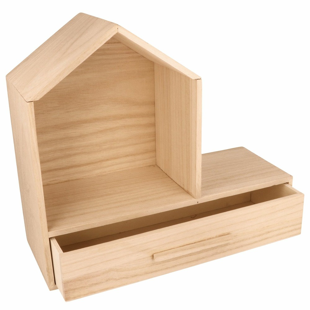 Etagère maison en bois avec tiroir 32 x 12 x 28 cm