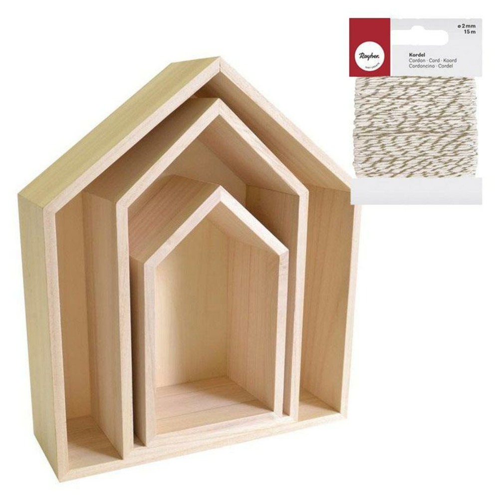 3 étagères maison bois + ficelle dorée & blanche 15 m