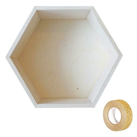 Etagère hexagone bois 27 x 23,5 x 10 cm + masking tape doré à paillettes 5 m