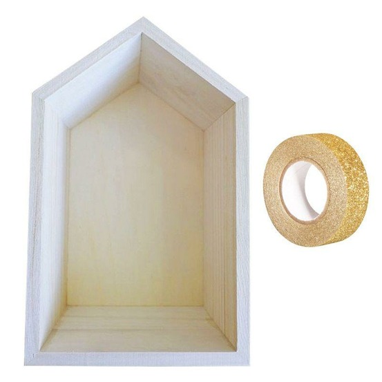 Etagère bois maison 22,5 x 14 x 10 cm + masking tape doré à paillettes 5 m