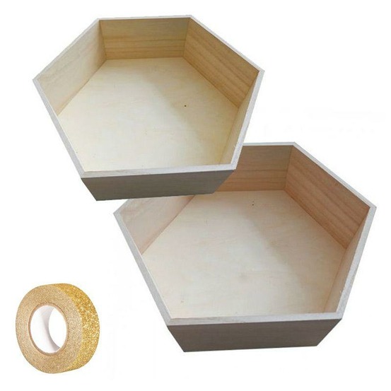 2 étagères hexagonales bois 36 x 31 cm et 39 x 34 cm + masking tape doré à paillettes 5 m