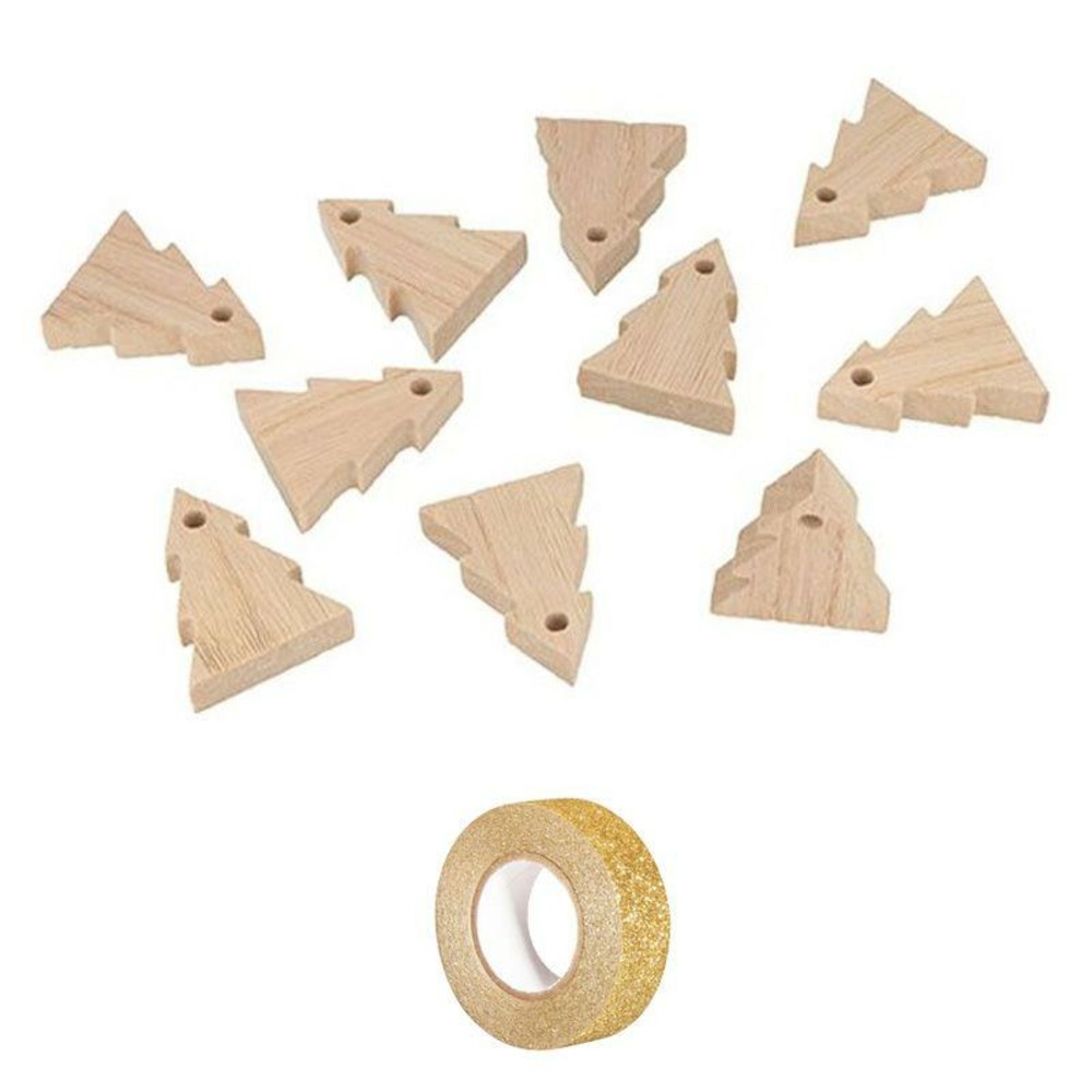 Guirlande de noël 10 sapins bois 5 cm + masking tape doré à paillettes 5 m