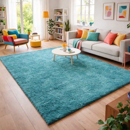 Tapis poils longs shaggy 160x230 rectangle tissé turquoise motif uni uni l