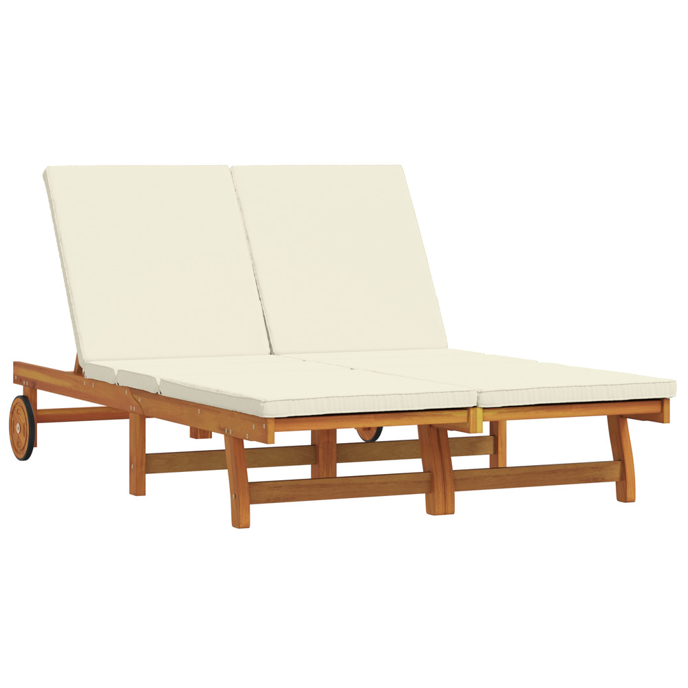 Chaise longue double avec des roulettes et un coussin en bois d'acacia massif