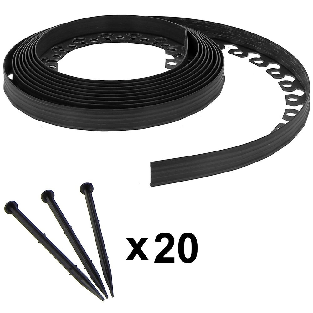 Bordure de jardin flexible noire - 3,8 cm x 10 mètres avec 20 piquets d'ancrage