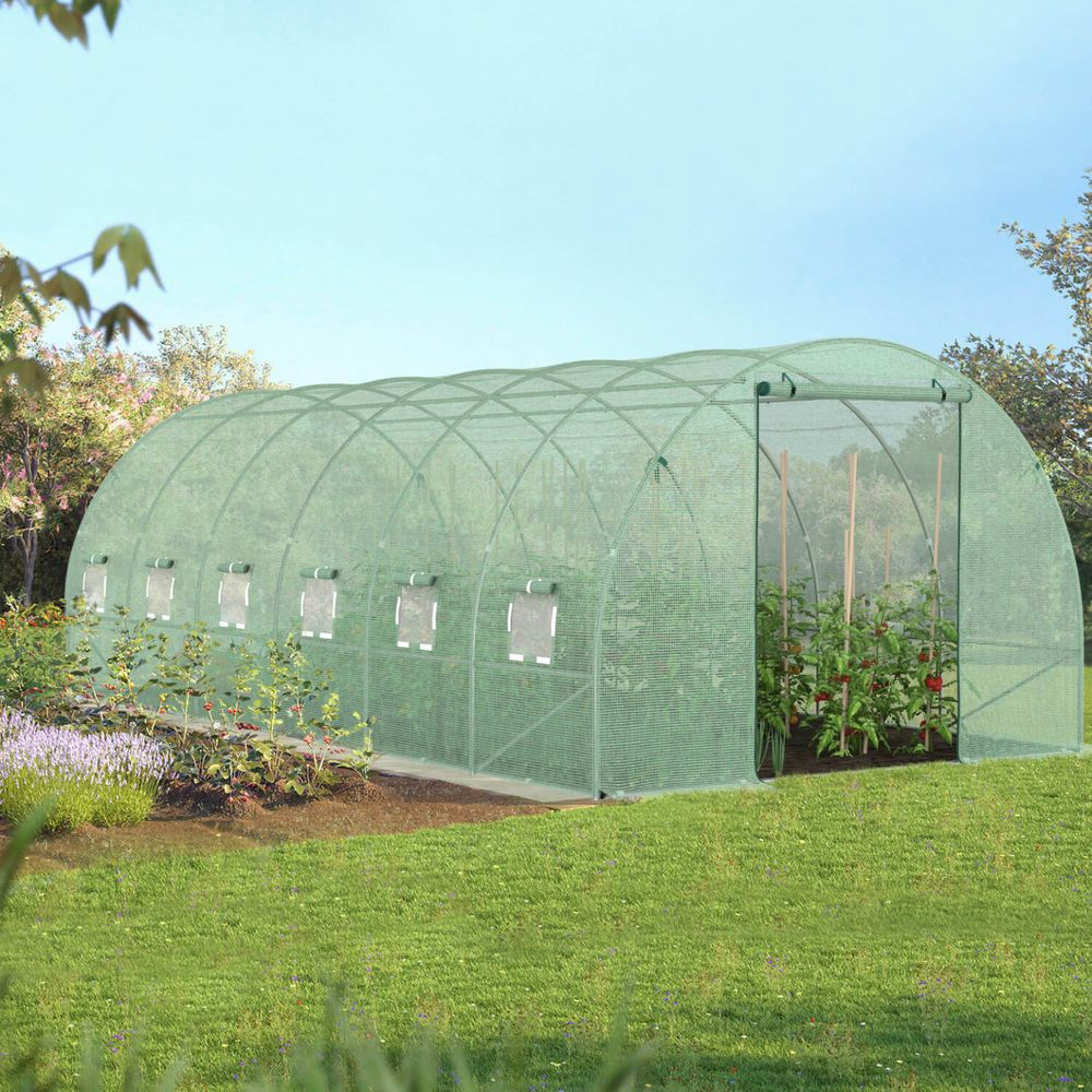 Serre de jardin tunnel 18m² 6 x 3 x 2 m acier galvanisé + bâche anti-uv avec porte et fenêtres crimée verte