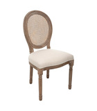 Chaise de table en coton beige lin et bois blanchi avec dossier cannage