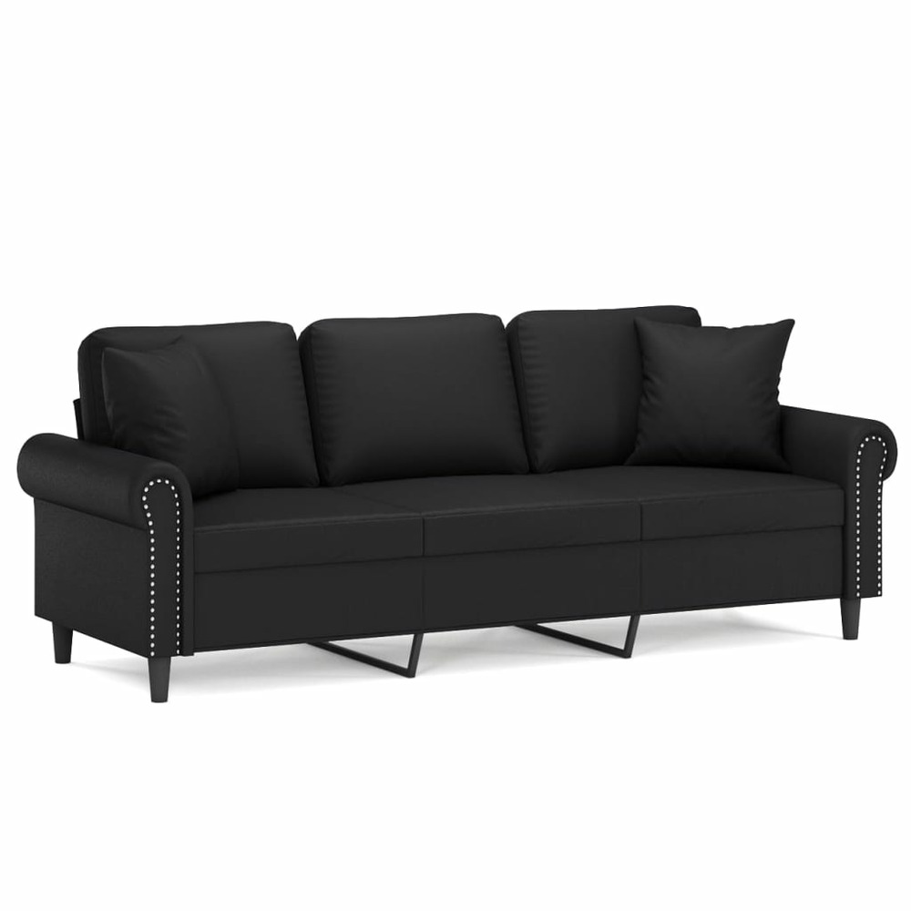 Canapé 3 places et oreillers et coussins noir 180 cm similicuir