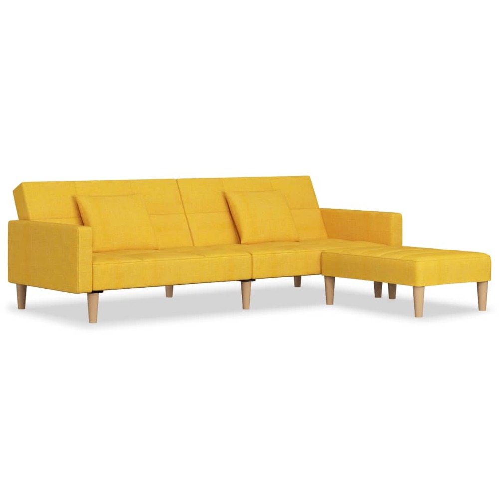 Canapé-lit 2 places et deux oreillers repose-pied jaune tissu