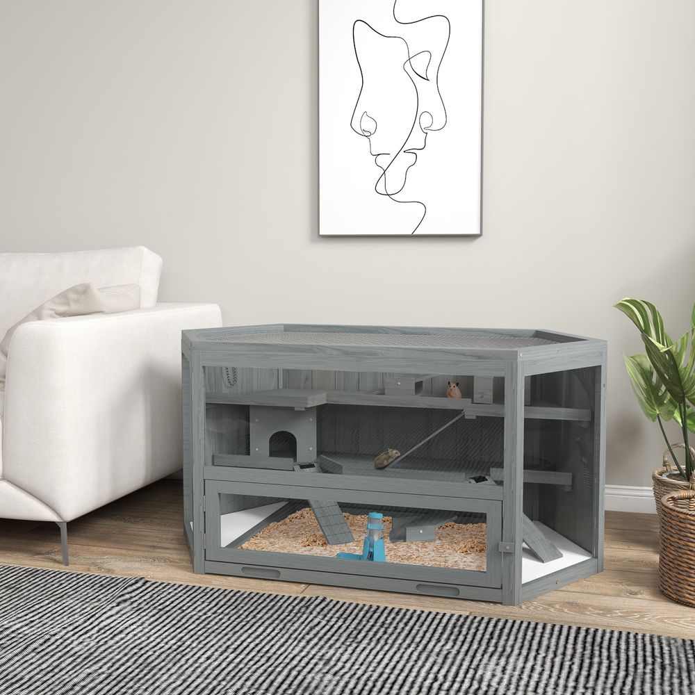 Cage rongeur hexagonale bois 3 niveaux hamster souris toit ouvrant 115cm gris - comfortxl pet living