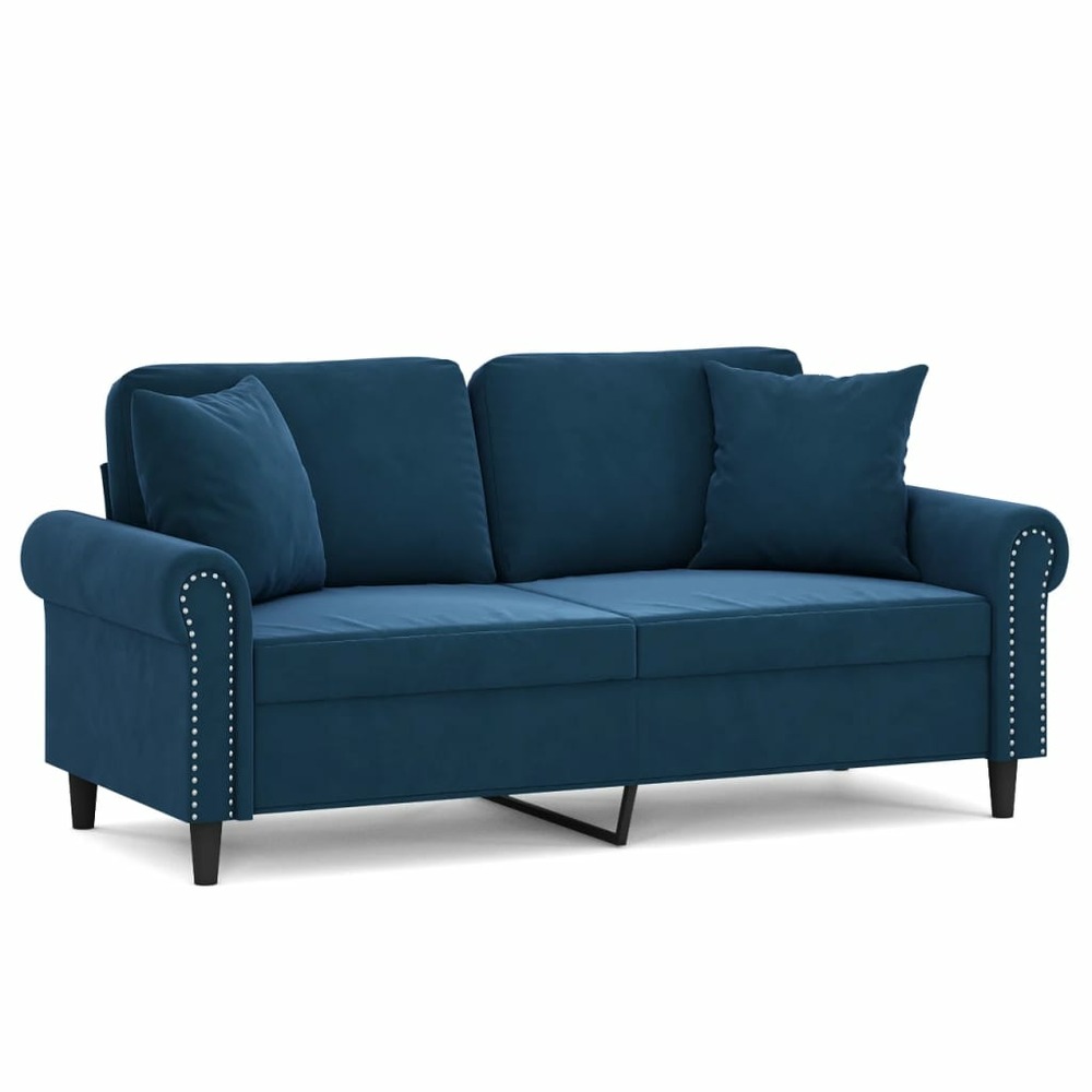 Canapé 2 places et oreillers et coussins bleu 140 cm velours