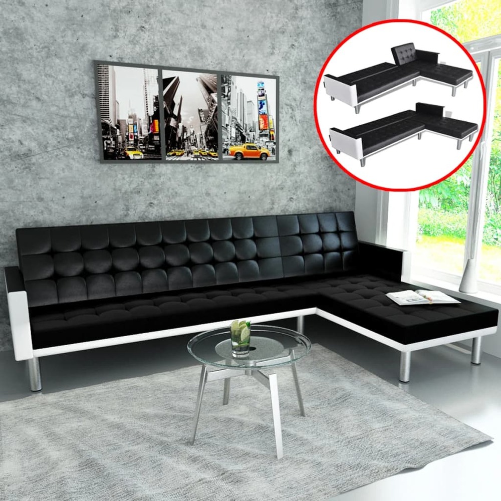 Canapé-lit sous forme de l réglable cuir synthétique noir
