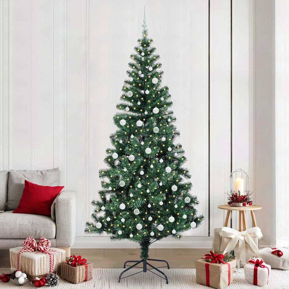 Grand sapin de noël 240 cm tout-en-un, 300 led et décorations argent/rouge