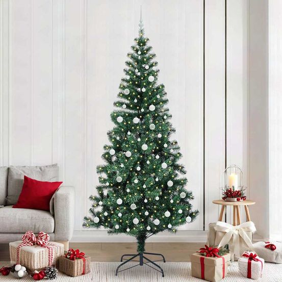 Grand sapin de noël 240 cm tout-en-un, 300 led et décorations argent/rouge