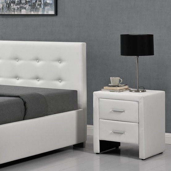 Hilton blanc : table de chevet en pu blanc avec 2 tiroirs