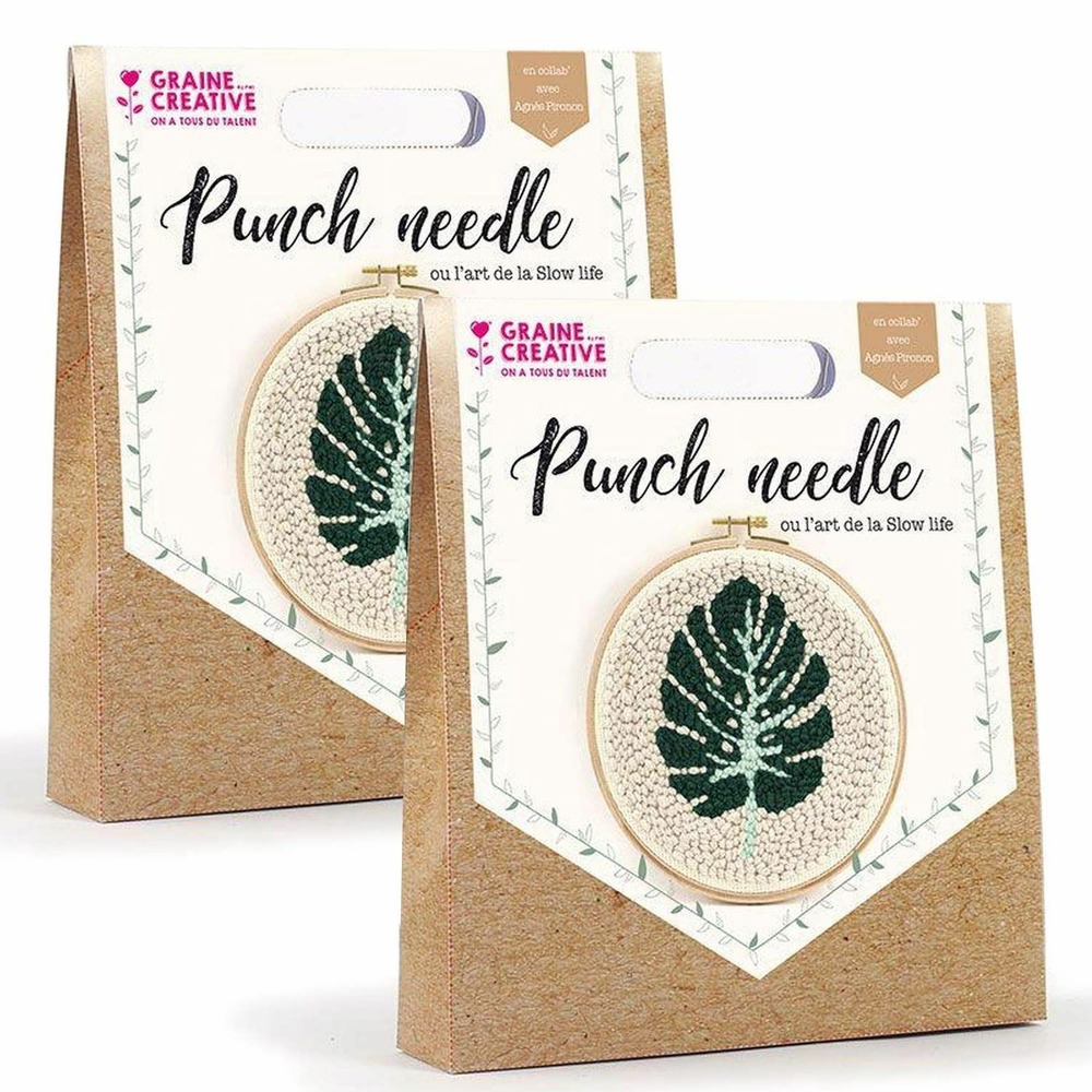 2 coffrets punch needle - feuille tropicale ø 20 cm