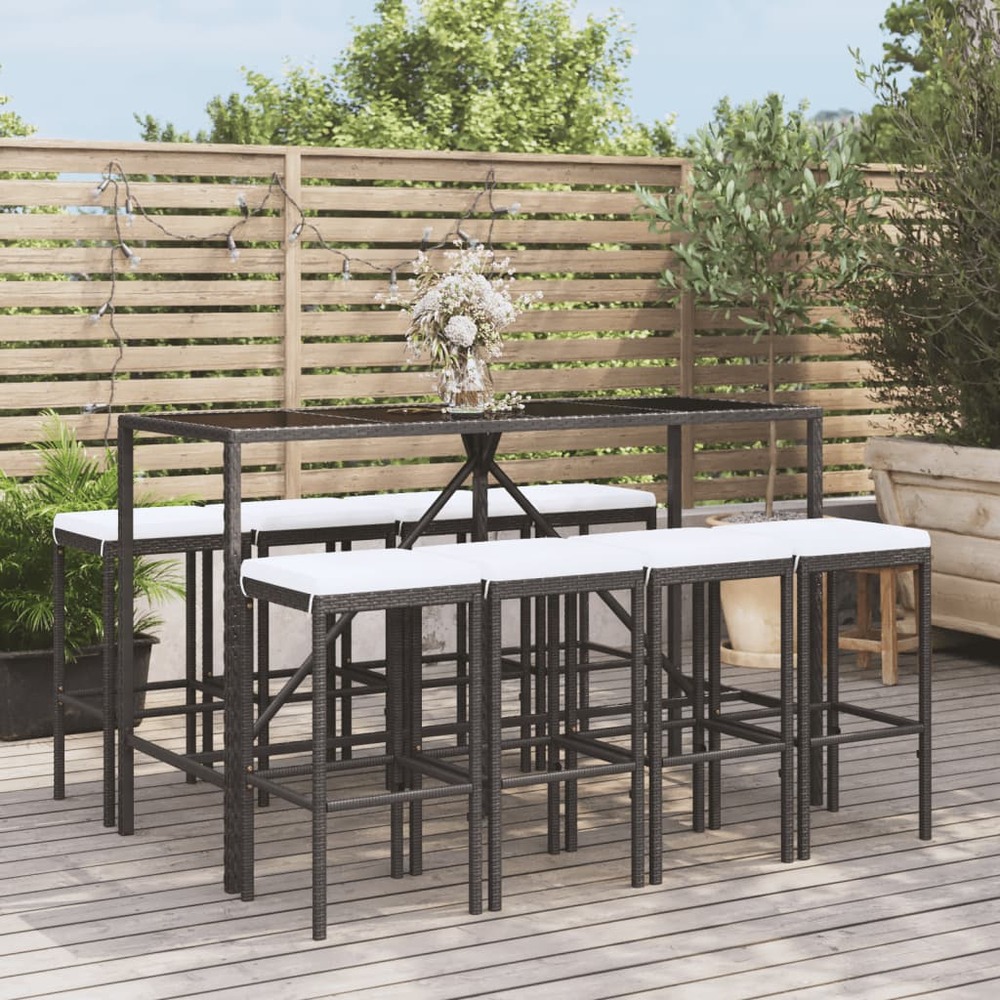 Ensemble de bar de jardin 9 pcs avec coussins noir poly rotin