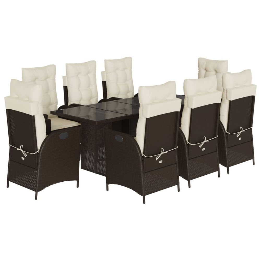 Ensemble à manger de jardin et coussins 9 pcs marron poly rotin