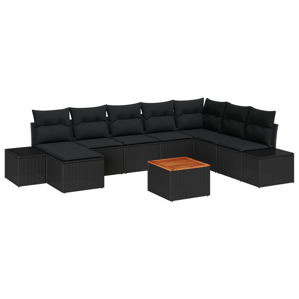 Ensemble de sofa de jardin 9 pièces avec coussins noir poly rattan acacia
