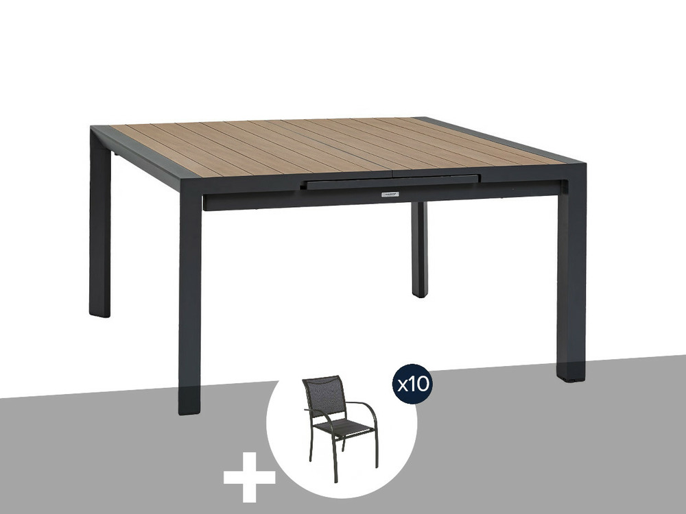 Table de jardin carrée extensible alu evasion 8/10 places + 10 fauteuils piazza