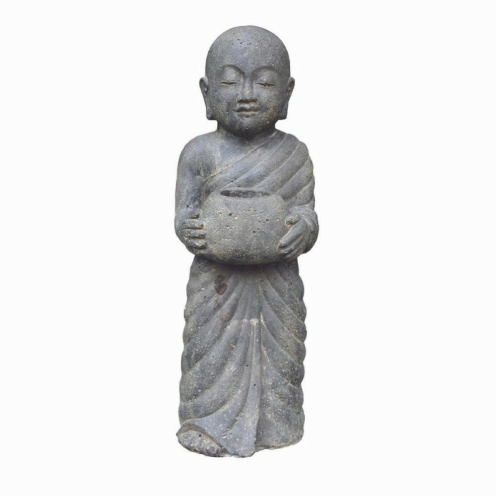 Statue jardin moine debout avec photophore 60 cm - gris 60 cm