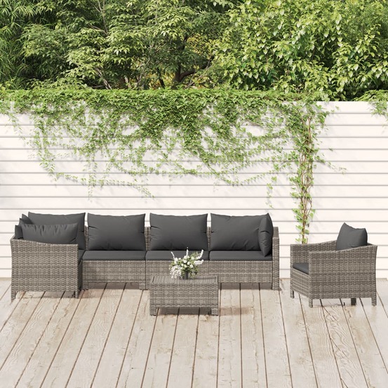 Salon de jardin 7 pcs avec coussins gris résine tressée