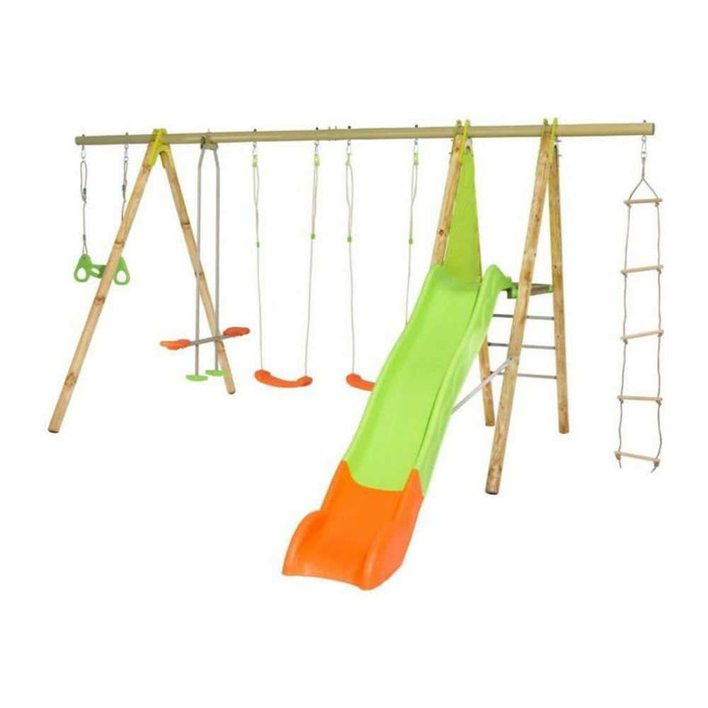 Portique bois et métal 2,30m 2 balançoires, 1 échelle de corde, 1 face a face, 1 trapeze anneaux et 1 toboggan 2,63m makuta t