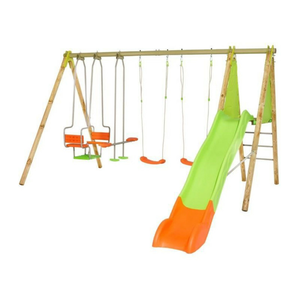 Portique bois et métal - 2,30m - 2 balançoires, 1 face a face, 1 nacelle et 1 toboggan 2,63m - kahuna