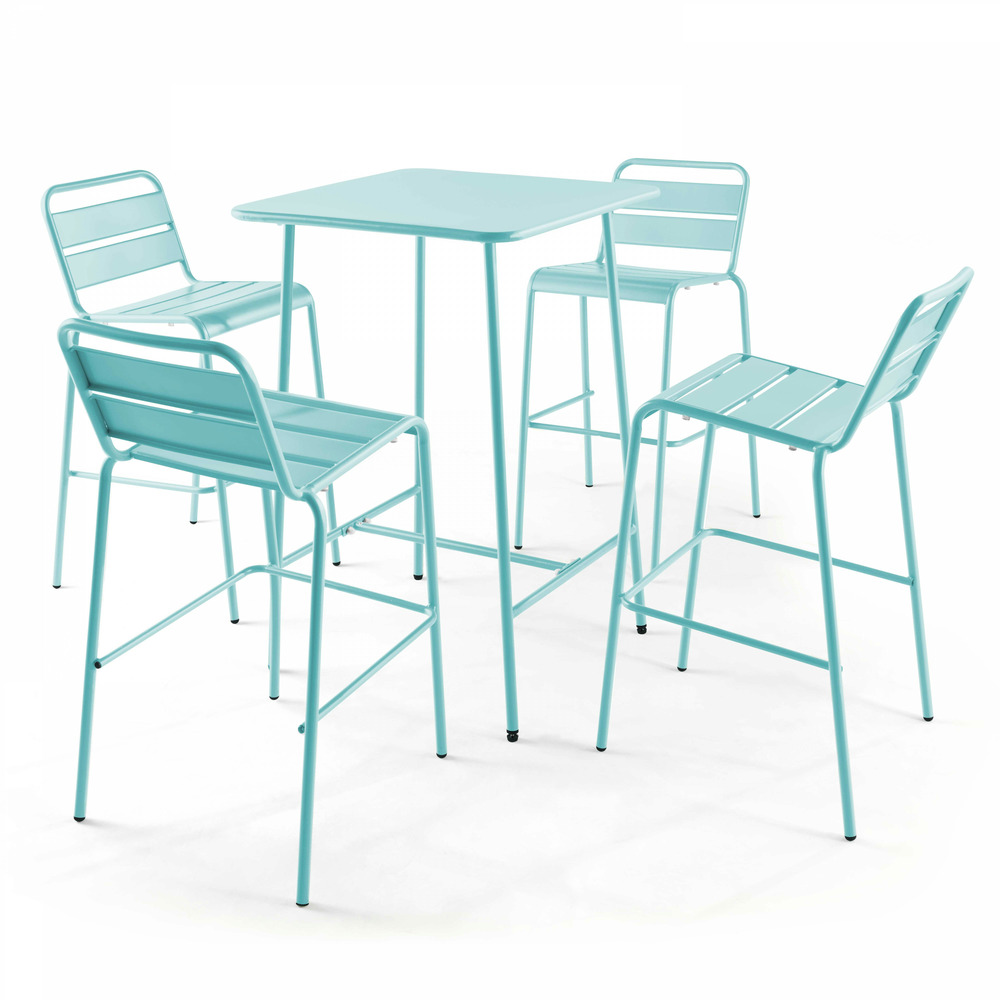 Ensemble table de bar et 4 chaises hautes en métal turquoise