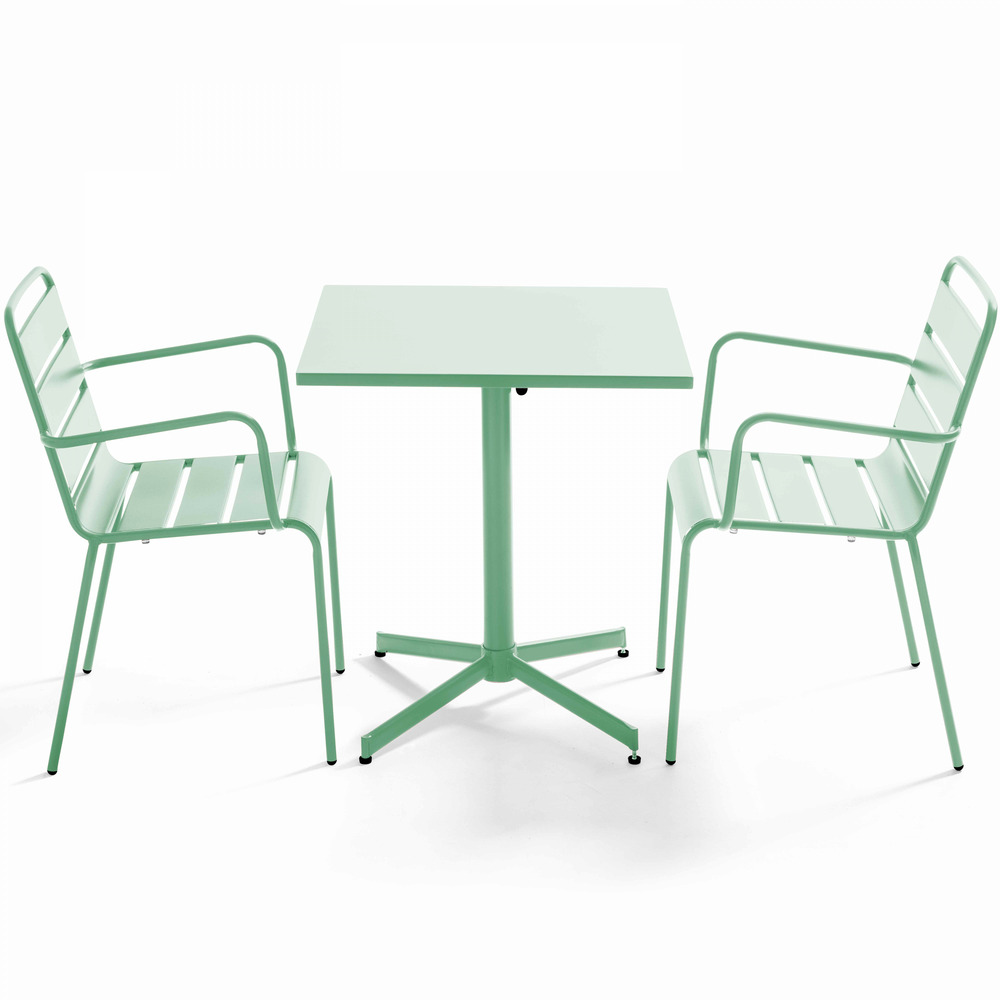 Ensemble table de jardin carrée et 2 fauteuils métal vert sauge