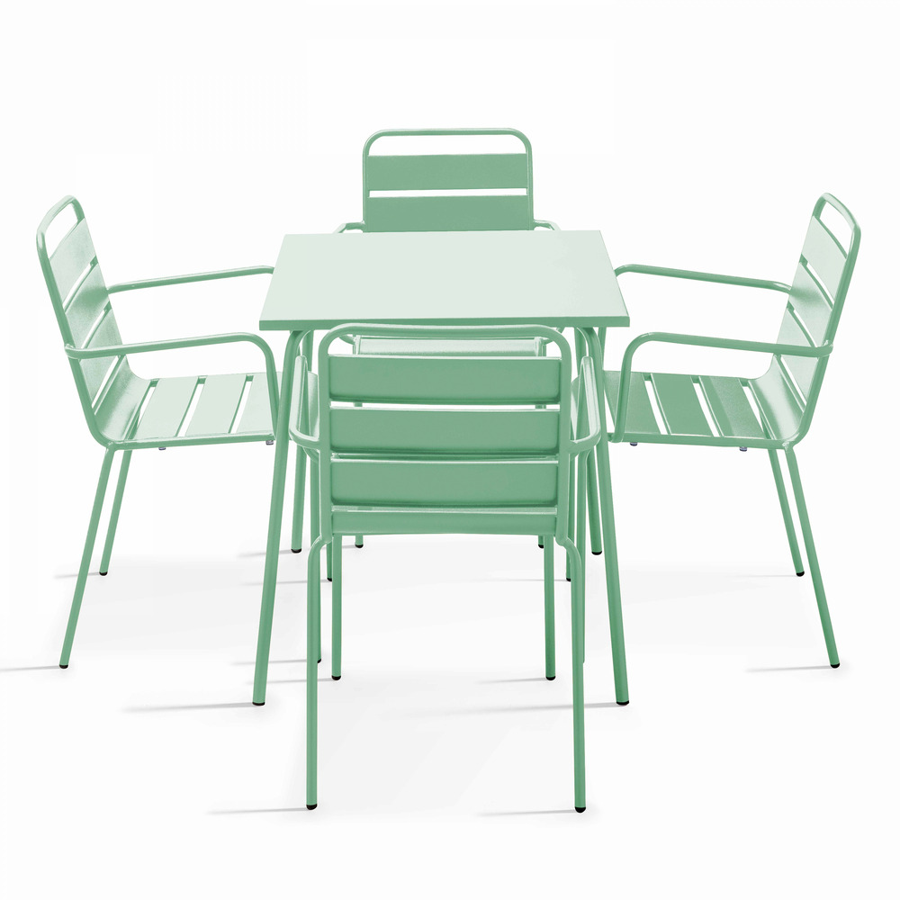 Ensemble table de jardin carrée et 4 fauteuils acier vert sauge