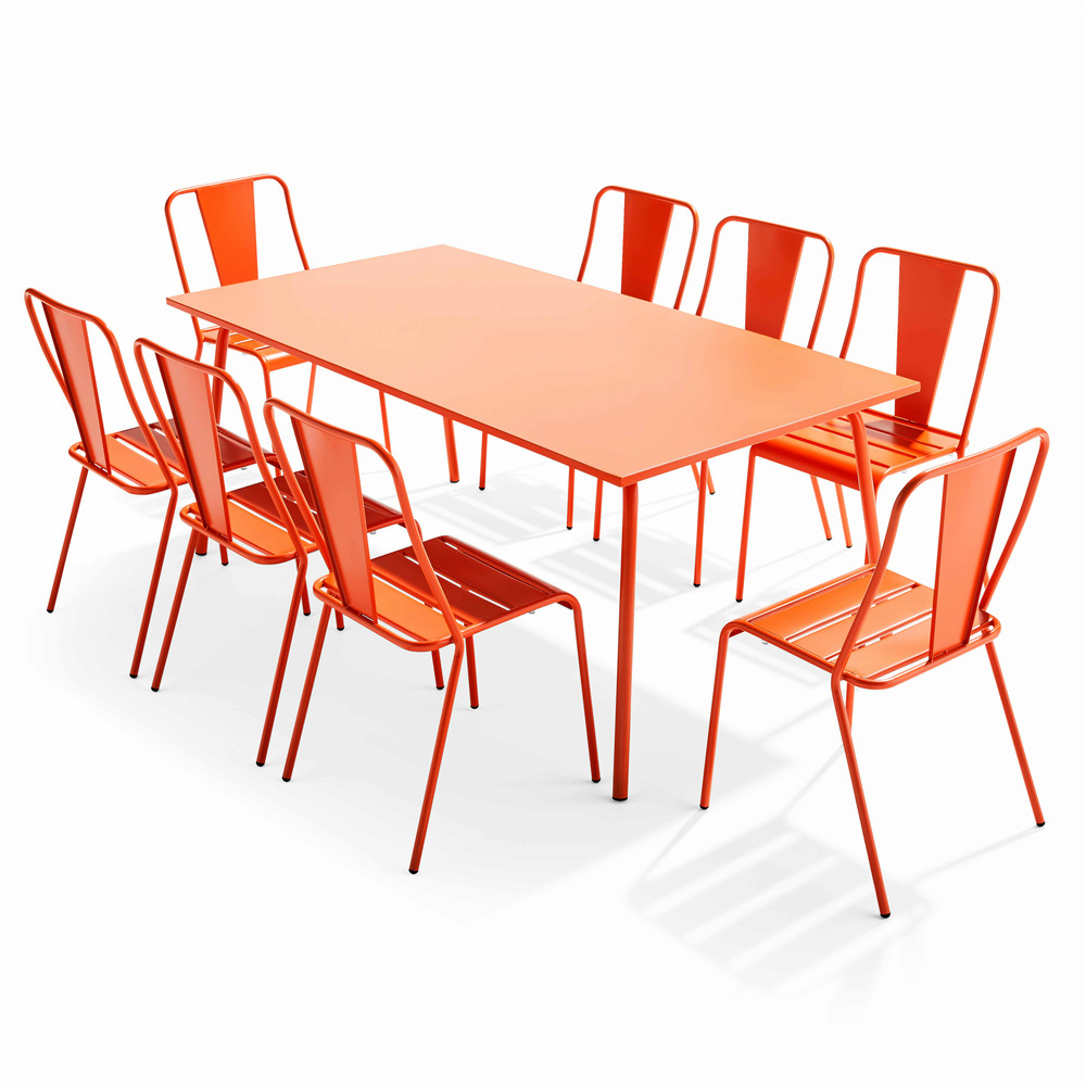 Ensemble table de jardin et 8 chaises bistrot en acier orange