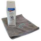 Shampoing spécial poils blancs 250ml et serviette microfibre pour chien.