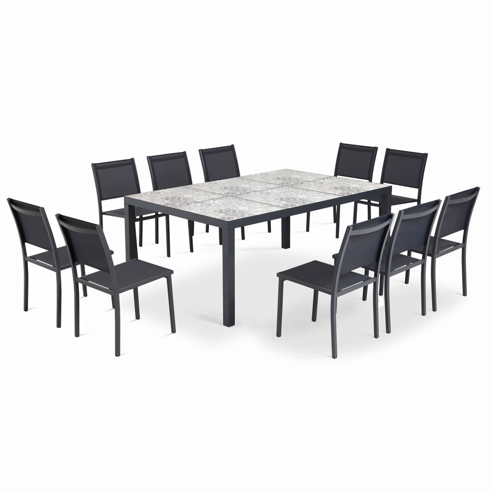 Ensemble table et chaises 10 places en aluminium et céramique gris