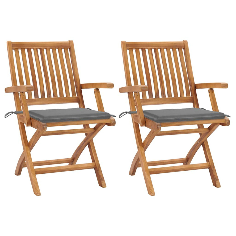 Chaises de jardin lot de 2 et coussins gris bois de teck massif