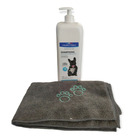 Shampoing 1litre anti démangeaisons avec une serviette, pour chiens.
