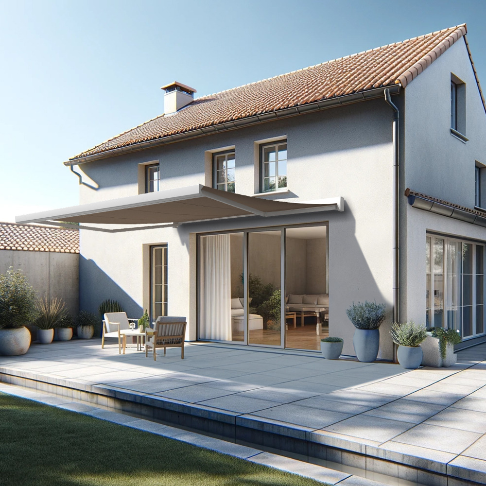 Store banne coffre intégral soa 4,10x3,50 m (manuelle - blanc satiné ral9010 - taupe)